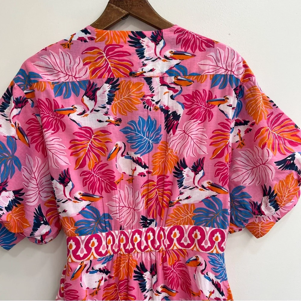 Printfresh Gabriela Midi Dress in Pelican Palms Pink Blue Wrap Style Large - Picture 12 of 16